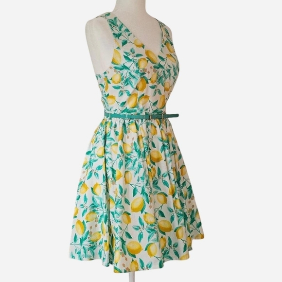 ELLE Women's Lemon and Leaf Print Fit And Flare Mini Dress With Belt. Size 2 - Picture 5 of 9